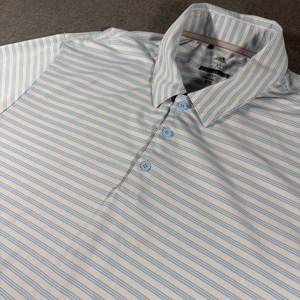 Adidas Golf Polo Mens 2XL Blue White Striped Performance Short Sleeve Shirt
